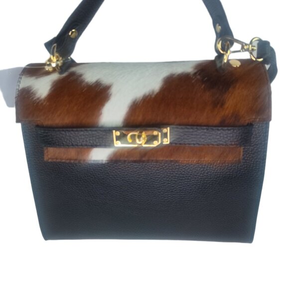 Genuine Charlie Leather "Bellezza" Black with Brown & White Fur Handbag–NWT - Picture 10 of 14